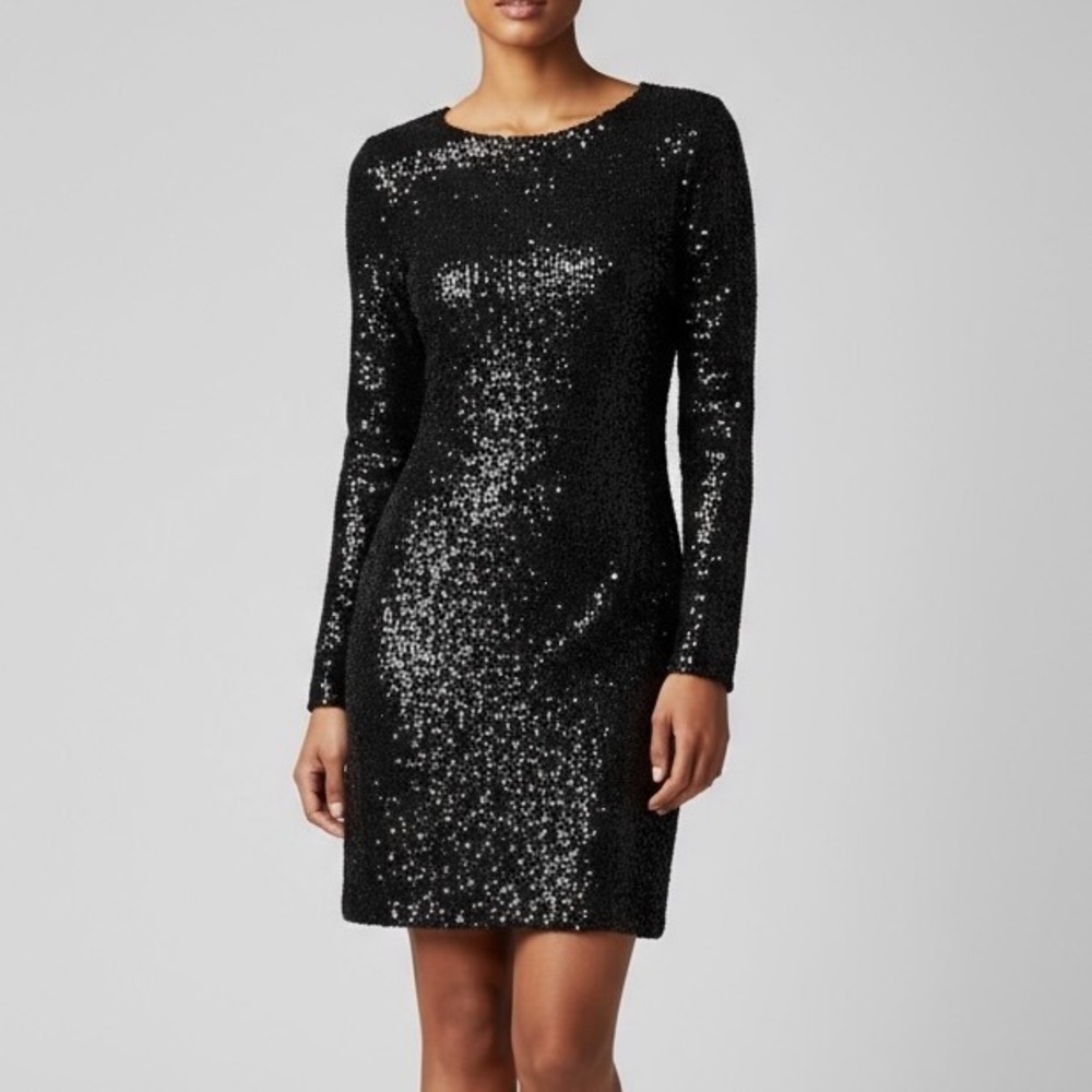 Express Black Sequin Mini Dress Long Sleeve Party‎ Cocktail Sparkly Fitted Sz XS